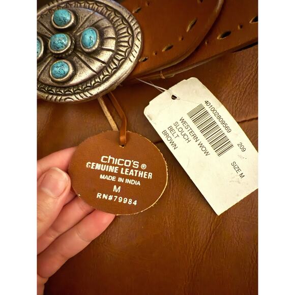 NWT Chicos Western Wow Slouch Belt Concho Tortoise Medallian Belt Brown FLAW - Picture 5 of 5